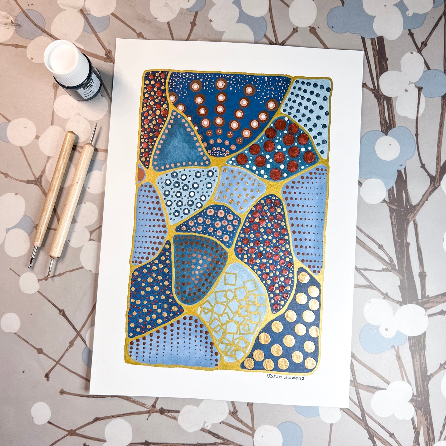 Dotted Nonsense in Blue and Gold| Drawing on Paper | 8x11 | Wall Art | Original Artwork