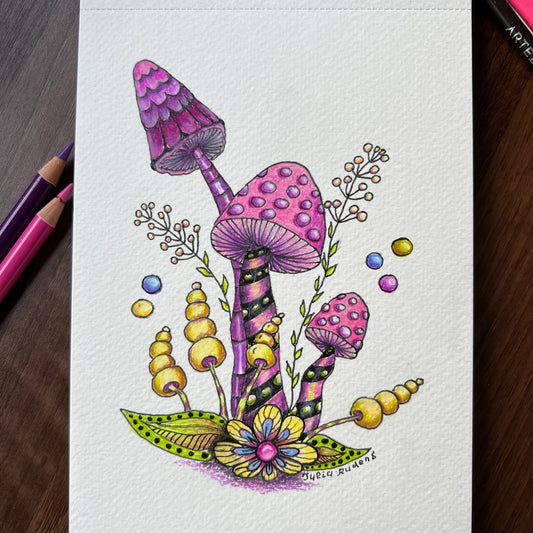 Mushroom Doodles | Drawing on Paper | 5x8 | Wall Art |